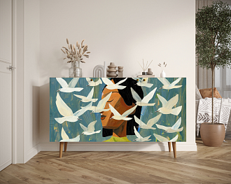 Комод с тремя дверками "Девушка и чайки" арт BB01/Art05