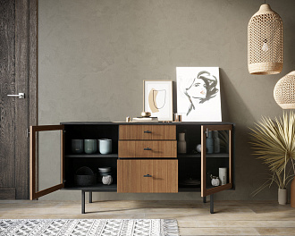 Комод две стеклянные дверки и три ящика "Emerson" арт EM14